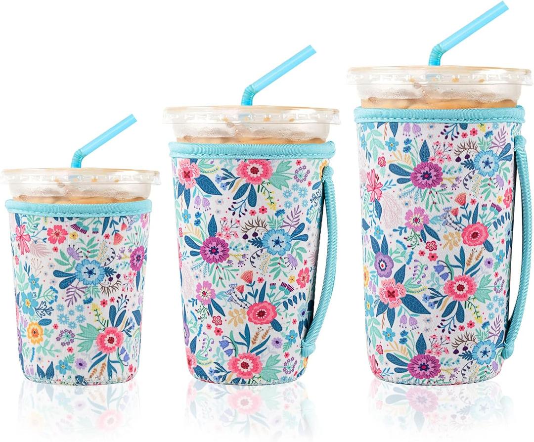 3 Pack Reusable Iced Coffee Sleeves for Iced Coffee Cups or Drinks Reusable Neoprene Insulated Sleeves for Hot and Cold Drinks from Starbucks, Dunkin, And More (White Flower Bush)