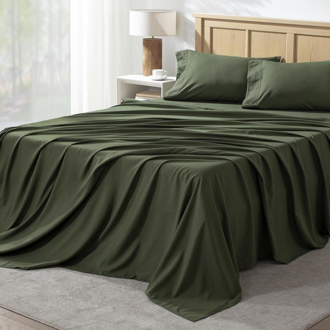 Andency Full Bed Sheets Set, 4 Pieces, Dark Olive Green Super Soft Microfiber Sheets, Deep Pocket Up to 16", "Hotel Luxury Breathable & Cooling Bed Sheet Set