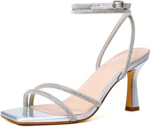 Mostrin Strappy Kitten Heels for Women Square Open Toe Heels Ankle Strap Lace Up Heeled Sandals for Party, Prom, 9.5