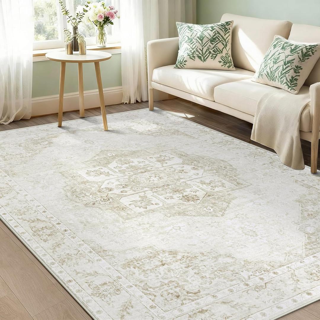 5x7 Area Rugs Washable Rugs for Living Room, Vintage Boho Rug Non-Slip Soft Floral Distressed Rug Low Pile Stain Resistant Carpet for Bedroom Nursery Office Dining Room Farmhouse Dorm(Beige, 5'x7')