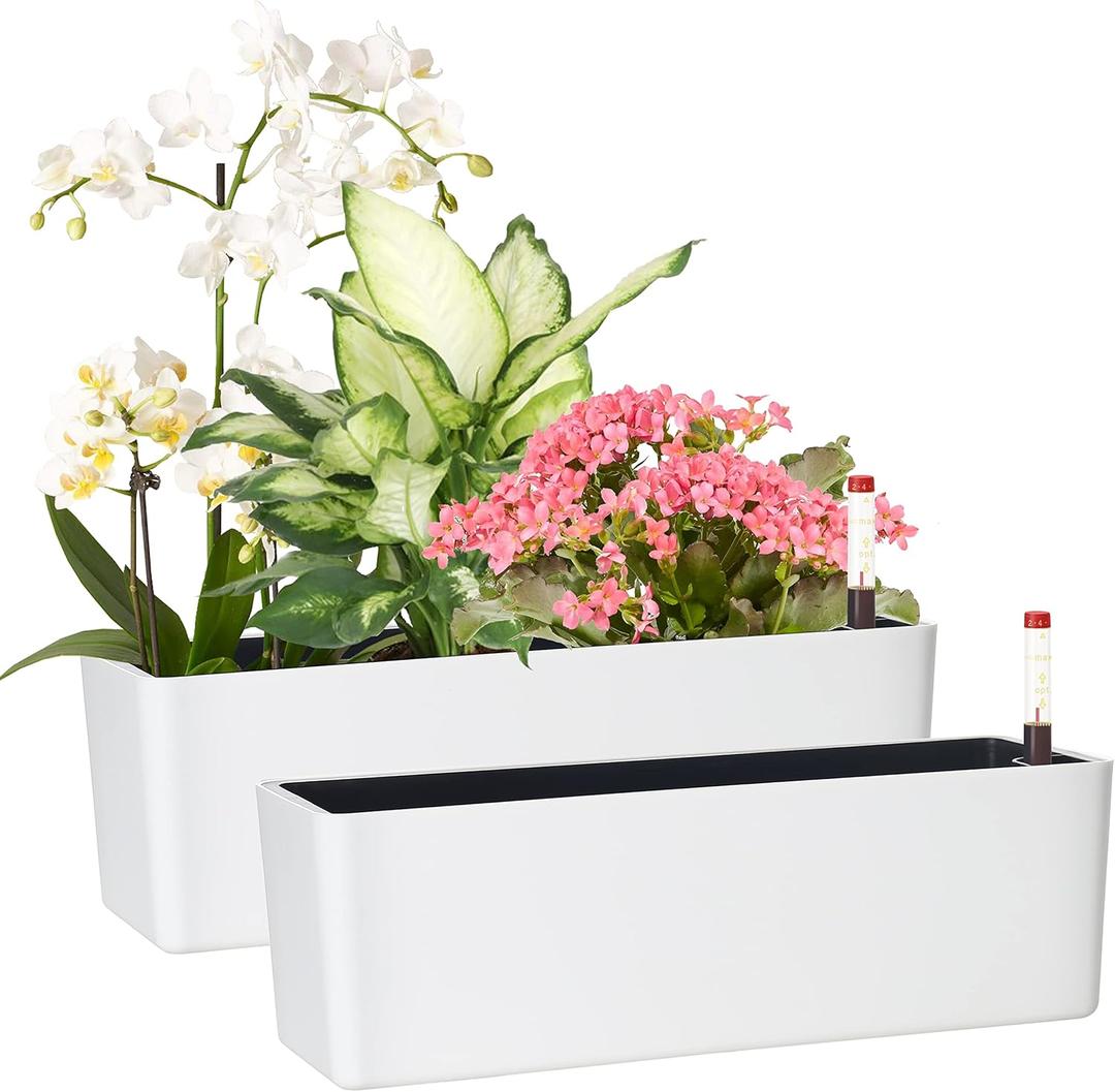 GardenBasix Elongated Self Watering Planter Pots 2-Pack Window Box 5.5 x 16 inch Indoor Home Garden Modern Decorative Planter Pot for All House Plants Flowers Herbs (White, 2)