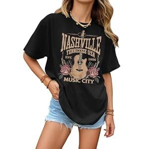 KIEKIECOO Oversized Rock Band T Shirts for Women Nashville Music City Tshirt Vintage Guitar Graphic Tees Country Concert Tops(Black,L)