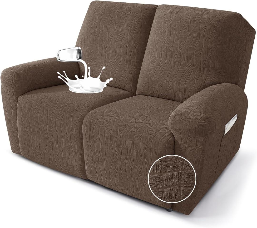 MAXIJIN Waterproof Loveseat Recliner Cover 4 Pieces Reclining Love Seat Slipcvers, Recliner Sofa Cover 2 Seater with Elastic Straps & Pockets for Pet, Kids (Loveseat Recliner, Light Coffee)