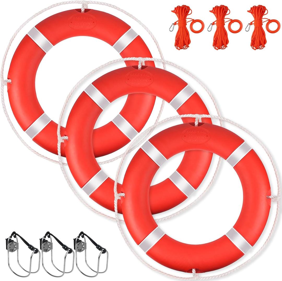 Life Ring, 23"/28" Boat Safety Throw Rings, Life Preserver Ring with Bracket and 98.5 FT Floating Rescue Rope, Outdoor Professional Throwable Flotation Device