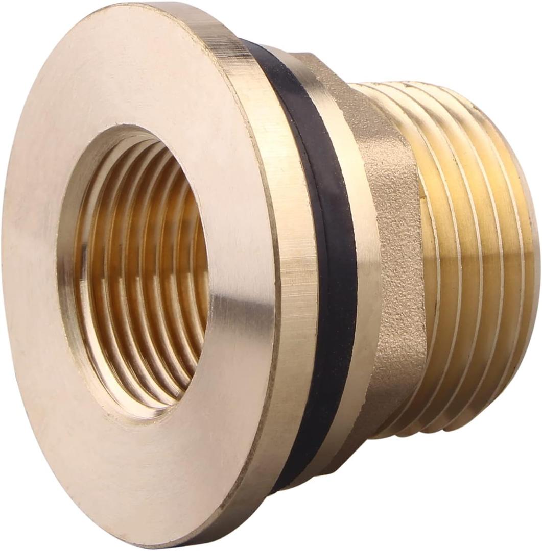 Brass Bulkhead Fitting - 3/4" NPT Female x 1" Straight Male Thread Water Tank Connector with 2 Rubber Rings for Water Tower Tank Barrels (pack of 1)