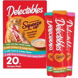 Delectables Squeeze Up Catnip Variety Pack, Creamy Squeezable Puree, Lickable Wet Cat Treats, Grain Free, No Added Fillers, No by-Products, No Added Preservatives, 0.5 Ounces Tube, 20 Tubes Total Best Before June 18, 2027