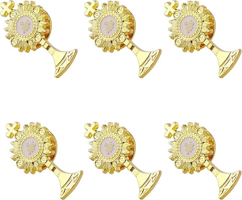 6 Sets of Gold Tone First Communion Lapel Pin Gifts Catholic IHS breastpin for Girl Boy Eucharistic Minister