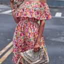 Off Shoulder Boho Floral Swing Mini Dress Summer Strapless Pleated Short Dress (M)