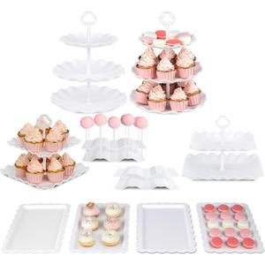 Pack of 10 NWK Dessert Stand Set with 2X Large 2-Tier and 2X Large 3-Tier Cupcake Stands, 4 x Appetizer Trays, 2 x Cake Pop Stands, for Birthday Baby Shower Party Decorations (White)