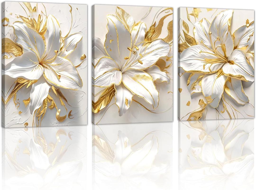 WENGTIAO 3Pcs Elegant White Lily Flowers Canvas Wall Art Boho White Floral Gold Edges Prints Pictures Paintings Beige Blossom Artwork for Living Room Bedroom Office Bathroom 16x24 x3