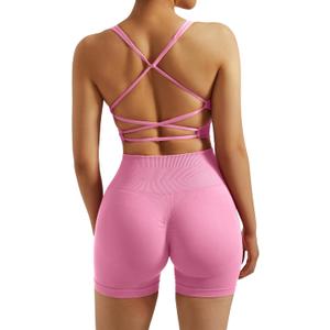 RXRXCOCO Seamless Workout Sets for Women 2 Piece Strappy Sports Bras Scrunch Butt Booty Shorts Matching Yoga Tracksuits (Medium, Light Pink)