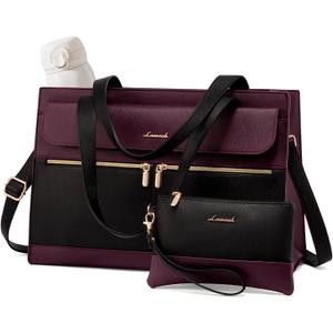 LOVEVOOK Laptop Bag for Women 15.6 Inch Tote Work Professional Leather Computer Briefcase Waterproof Handbag Shoulder Large Capacity Business Teacher Office Crossbody Purse (Black/Purple-1)