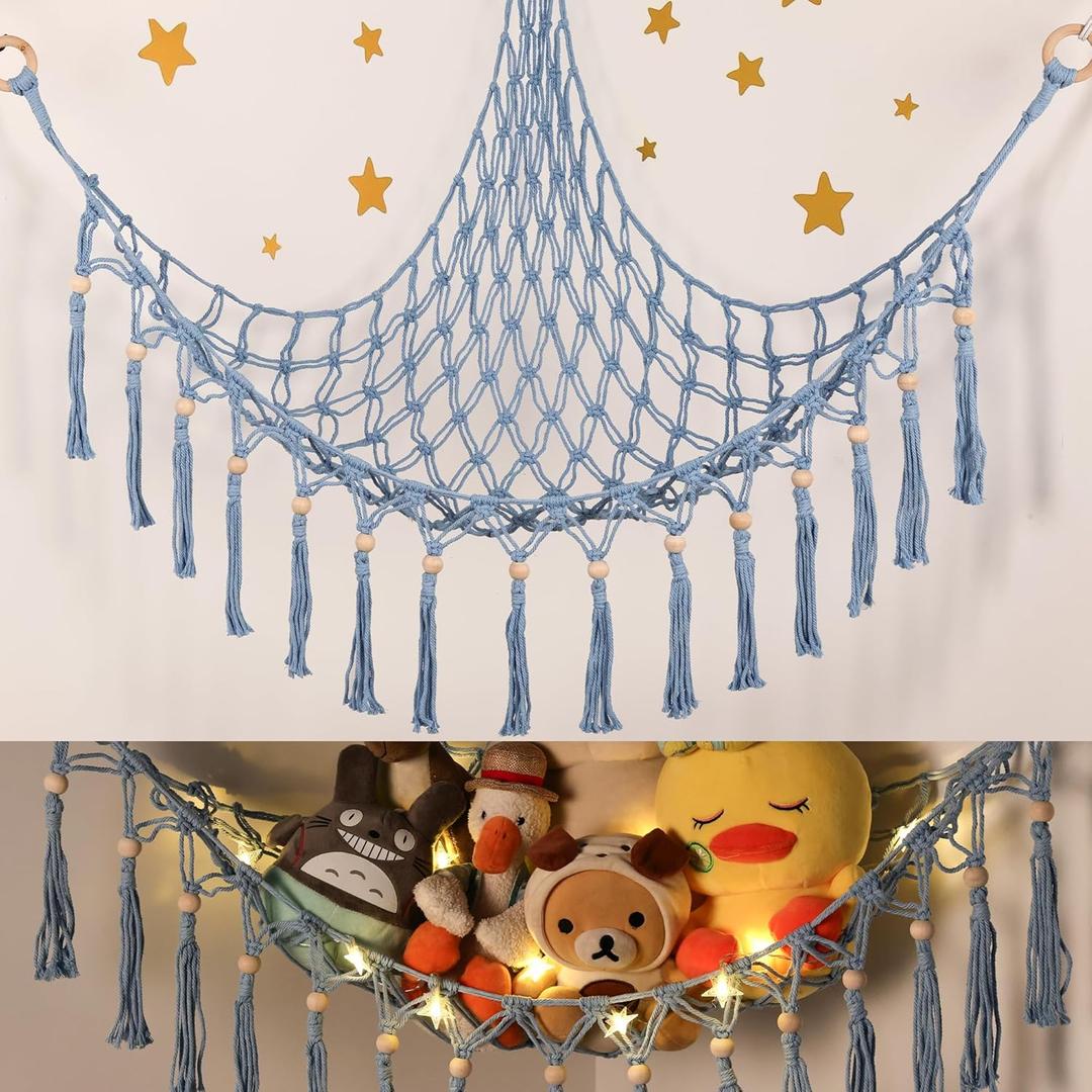 Stuffed Animal Toy Storage Hammock with LED Light-Macrame Jumbo Doll Room Organizer Mesh Decoration-Hanging Storage Nets Kids Bedroom(Blue Beads) (L (39.5"*39.5"*48"))