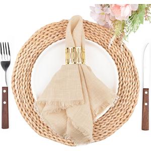 2 x Fall Thanksgiving Rustic Cloth Napkins 16.5x16.5 Inches Handmade Cotton Linen Napkins with Fringe Boho Washable Dinner Napkins in Bulk for Wedding Party Table Decor Set of 4 Beige