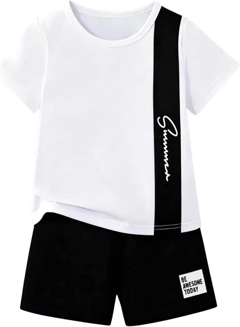 Ayzozuy Boy Clothes Colorblock Top + Drawstring Waist Shorts 2 Pieces Kid Summer Outfits Set
