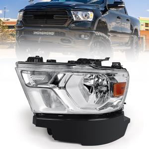 FIONE Halogen Headlights Assembly Compatible with Dodge Ram 1500 2019-2022 Replacement Headlamp with Chrome Frame Driver Left Side LH 68316081AD 68316081AH