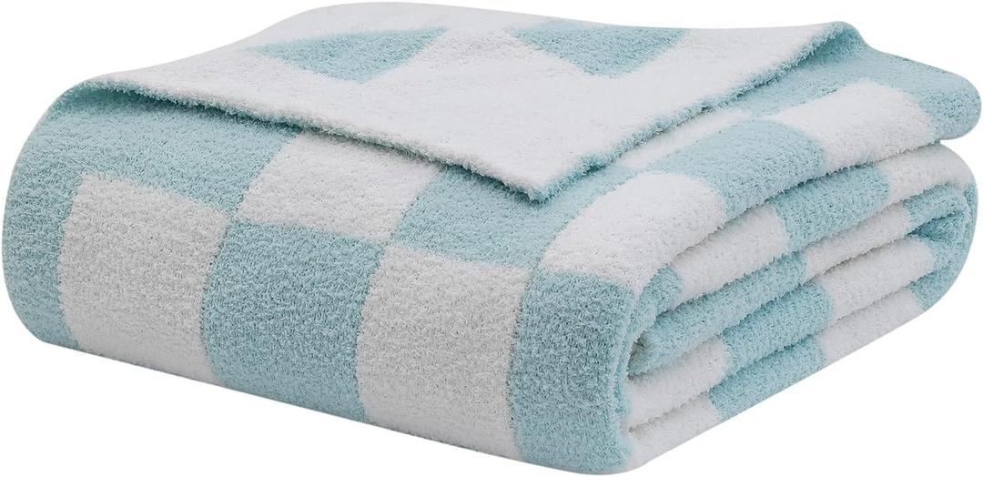 bearberry Fuzzy Checkerboard Grid Throw Blanket Soft Cozy Warm Microfiber All Season Blanket Decor for Couch Sofa Bed Travel Home (Baby Blue, 50''x60'')