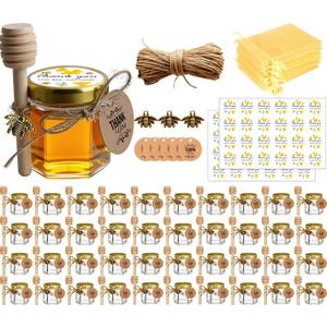 Adabocute Honey Pot, Glass Honey Jars, Small Honey Jars with Wooden Dippers, Bee Charms, Gold Gift Bags and Jutes Lids, Mini Honey Jars Baby Shower Favors, 1.5oz 40 Pack