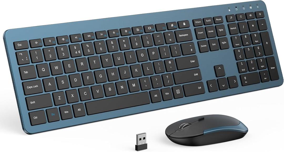 Wireless Keyboard and Mouse Combo  Full Size Slim Thin Wireless Keyboard Mouse with Numeric Keypad 2.4G Stable Connection Adjustable DPI (Dark Blue)