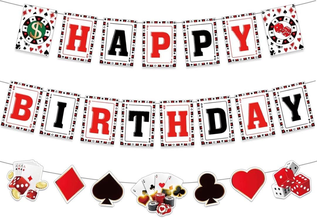 Casino Theme Party Decorations - Pre-Strung Poker Happy Birthday Banner Casino Paper Garland Las Vegas Poker Night Party Supplies