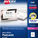 Avery Printable Postcards with Sure Feed Technology, 4" x 6", White, 100 Blank Postcards for Laser Printers (5389)
