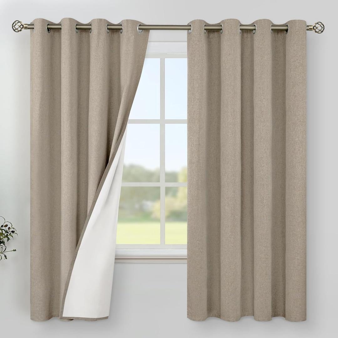 YoungsTex Taupe Linen Farmhouse Blackout Curtains for Bedroom 63 Inches Long, Burlap Tan Drapes Room Darkening with Grommet Thermal Insulated for Living Room Window, 2 Panels, 52 X 63 Inch