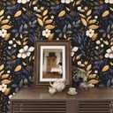 Laatse Blue/Gold Leaf Wallpaper Peel and Stick Vintage Dark Floral Wallpaper Waterproof Self Adhesive Removable Boho Wall Paper Modern for Bedroom Walls Drawer Cabinet 17.5in x118in