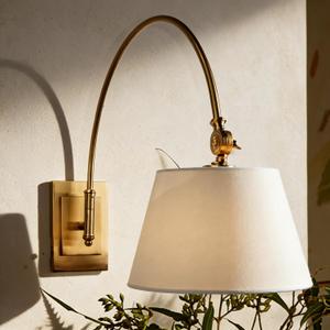 Linen Single Wall Sconce with Brass Finish Pole Swing Arm Wall Lamp, Classic Adjustable Reading Light with Fabric Shade for Bedroom Living Room, for Elegant Home Lighting,5.5" L x 1" W x 7.75" H