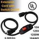 6.56 FT Waterproof Extension Cord with Switch, 1250W/10A Heavy Duty 3 Prong Plugs, 18/3 SJT Extension Cord, UL Listed, Indoor/Outdoor Use (Black)