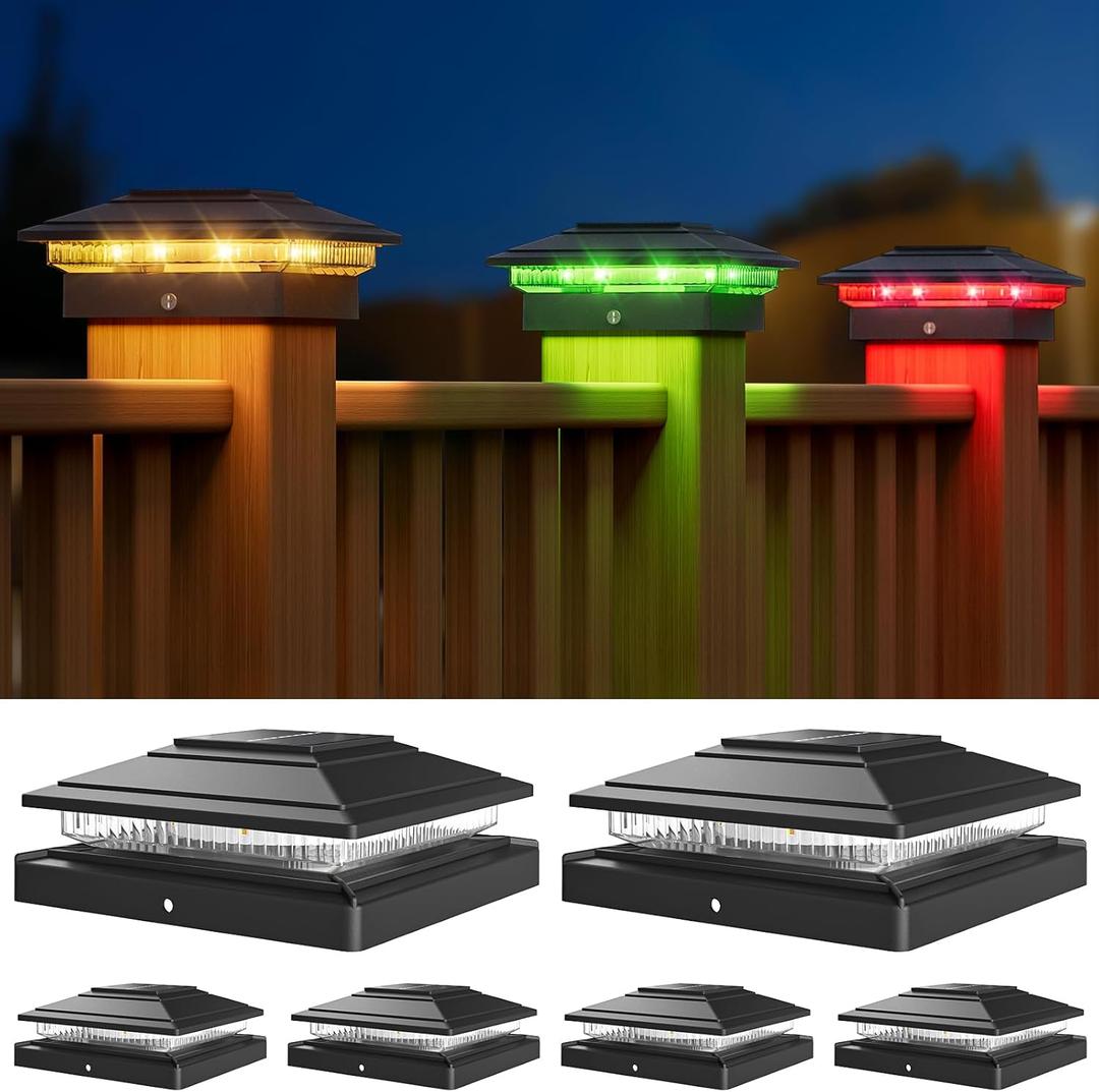 APONUO Solar Post Cap Lights Color Changing 6 Pack - RGB 8 Solid & Gradient Colors, IP65 Waterproof, for 4x4 5x5 6x6 Wood Vinyl Fences, Deck, Patio, Yard (Black)