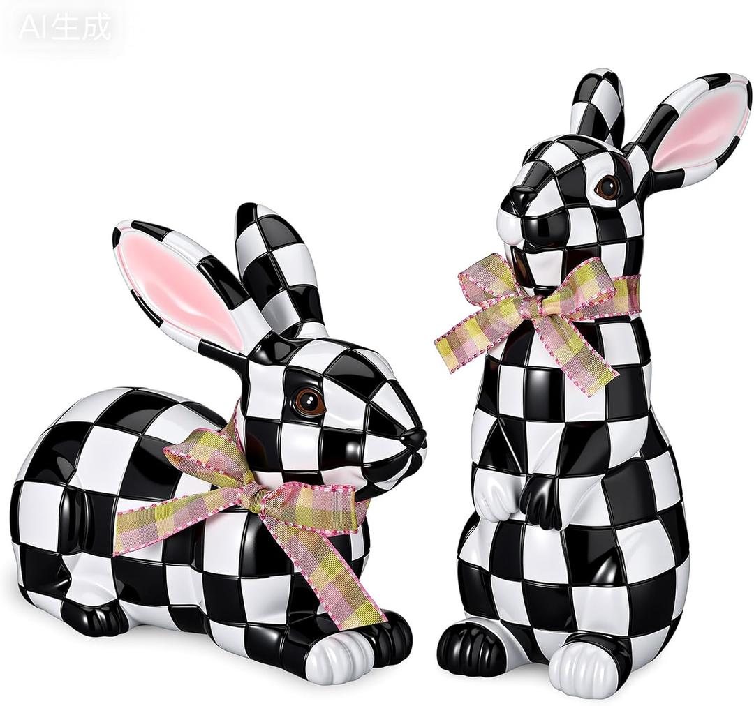 Yookeer 2 Pcs Easter Black and White Bunny Decor Easter Check Plaid Rabbit Statues Gift Decorations for Spring Home Decorative Bunny Ornaments for Table Centerpiece Living Room Decor