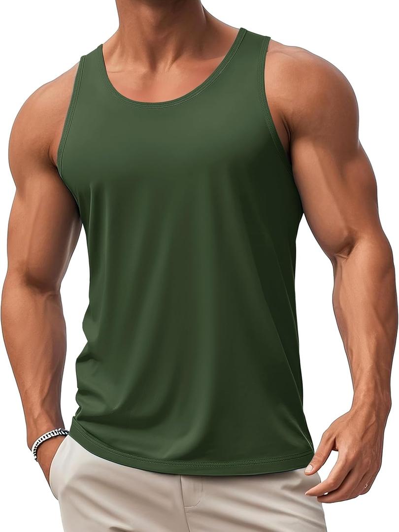 MAGCOMSEN Mens Workout Tank Tops Muscle Athletic Gym Cotton Undershirt Sleeveless Shirts (Green, XL)