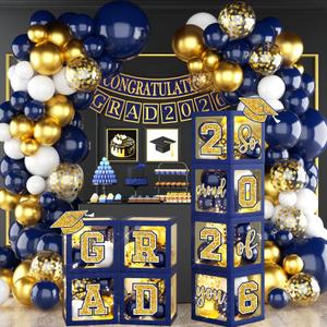 Graduation Party Decorations Class Of 2026,Navy Blue and Gold Graduation Decorations 2026 Boxes Balloon Arch With Letters 2026 Grad So Proud Of You for College Party Graduation Party Supplies