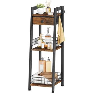 3-Tier Narrow Ladder Shelf with Drawer, Bathroom Floor Storage Shelf, Freestanding Tower Shelf Ladder Bookshelf Brown