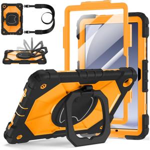 Case for Samsung Galaxy Tab A9 Plus 11 Inch 2023(SM-X210/X216/X218), Auorld Rugged Case for Samsung Galaxy A9+ Tablet with Screen Protector 360 Rotating Stand Shoulder Strap Pen Holder, Black Orange