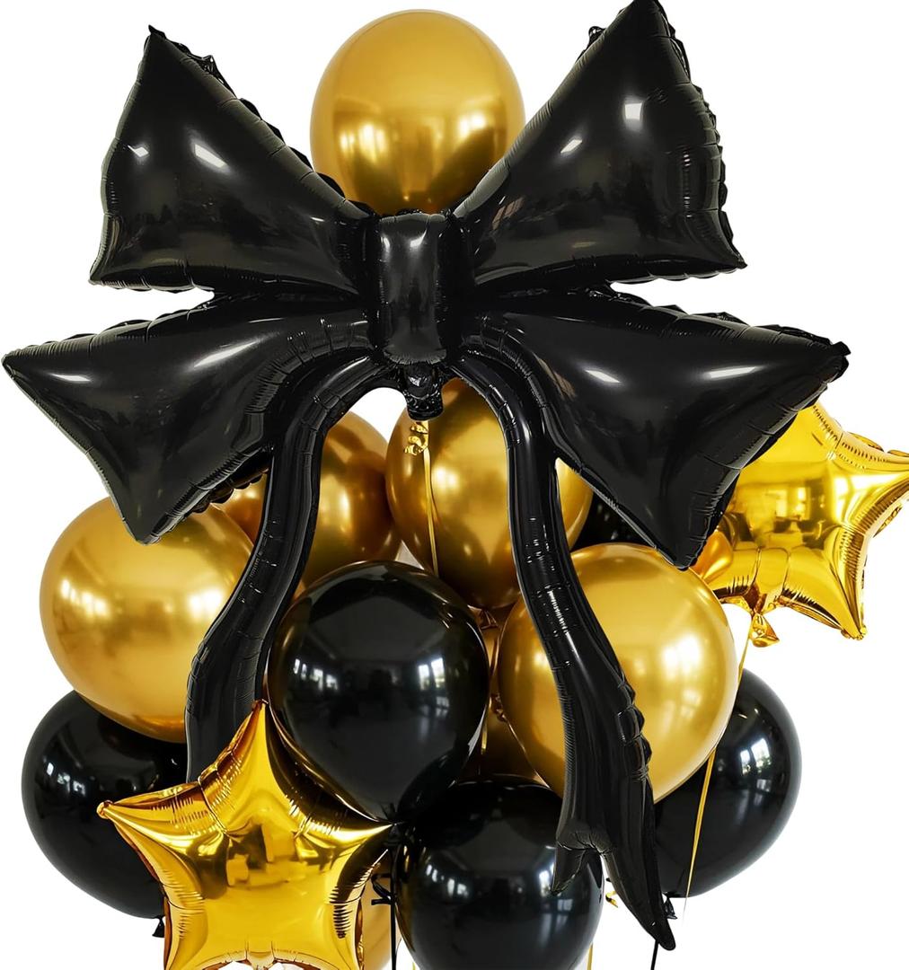 Black Gold Bow Balloons Set, 13 Pcs Giant 47 Inch Bow Foil with Star Latex Balloons for Birthday Party Decorations, Classy Aesthetic Birthday Backdrop, Graduation Anniversary New Year Party Decor