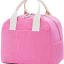 Insulated Vintage Pink Lunch Bag for Women, Stylish Corduroy Tote with Aluminum Lining, Large Capacity Reusable Cooler for Work, Travel, or Beach, Beige Cream Water-Resistant Lunch Box