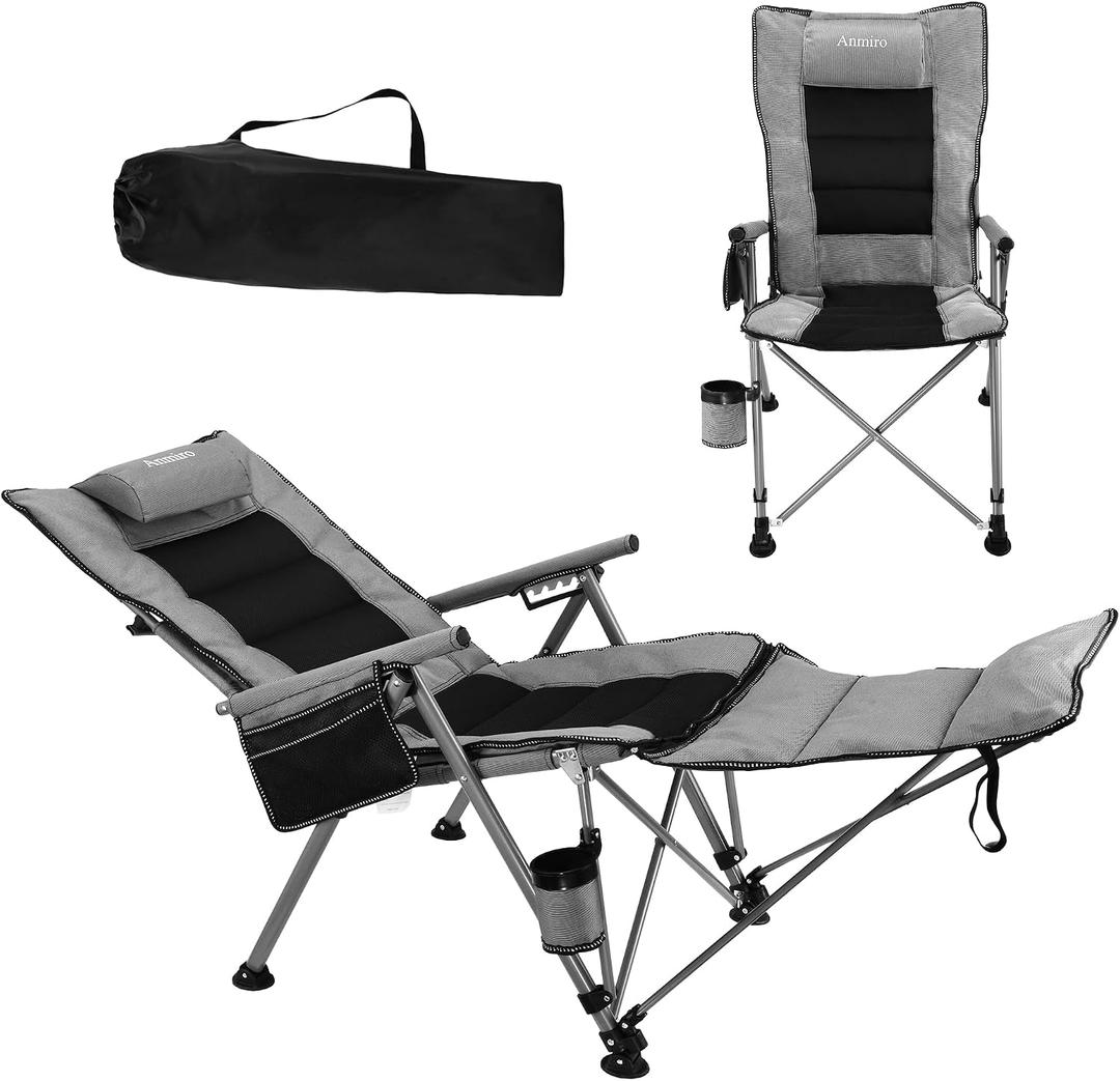 Folding Reclining Camp Chair with Footstool for Camp, Picnic, Lawn, Fishing | Heavy Duty,Padded Pillow,Cup Holder & Carry Bag,5-Position Adjustable,330 LBS