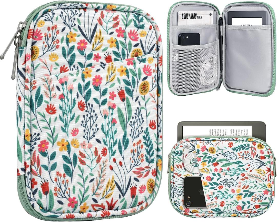 TiMOVO 6-7 Inch Tablet Sleeve for eReader Book Paperwhite/Colorsoft Signature Edition, Protective Sleeve Cover Case with Pocket for E-Reader/Oasis & Kobo Devices, Flowers