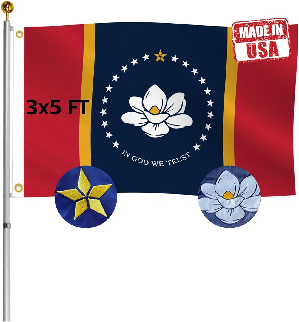 Embroidery Double Sided New Mississippi Republic Sates Flag 3x5 FT Outdoor- 340D Heavy Duty Missippi MS Flags Canvas Header with 2 Brass Grommets Easy to Rising