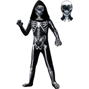 Kids Halloween Skeleton Costume, Hooded Skeleton Jumpsuit Bones with Mask for Boys and Girls Halloween Cosplay Costume Party (9-10 Years, Black)