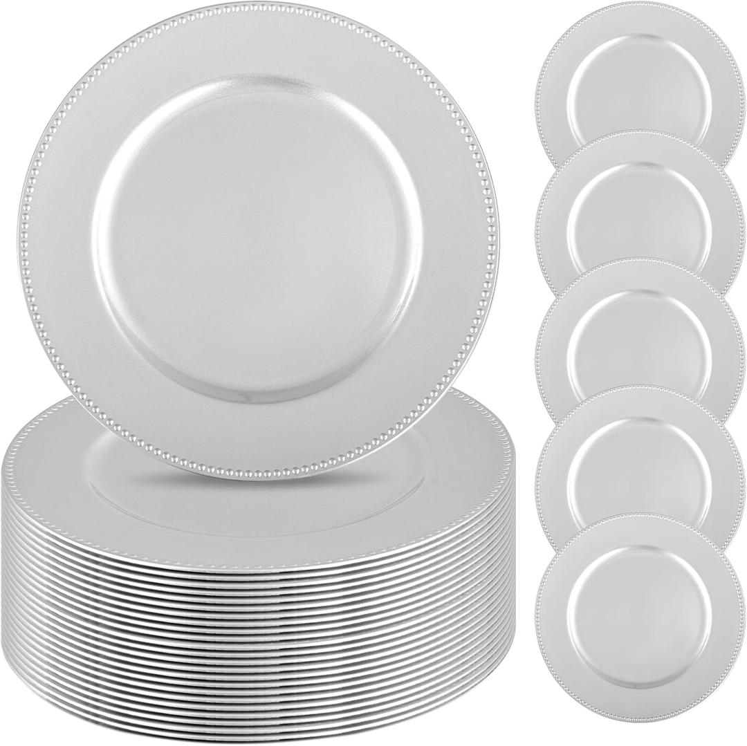 24 Pcs Silver Charger Plates Bulk,13 inch Round Beaded Plate Chargers for Dinner Plates, Decorative Dinner Chargers Plastic Table Chargers for Wedding Holiday Party Event Decoration (Silver)