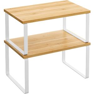 SONGMICS Cabinet Organizer Shelf, Set of 2 Kitchen Counter Shelves, Kitchen Storage, Spice Rack, Stackable, Expandable, Metal and Engineered Wood, Cloud White and Natural Beige UKCS02NW (11.7"w)