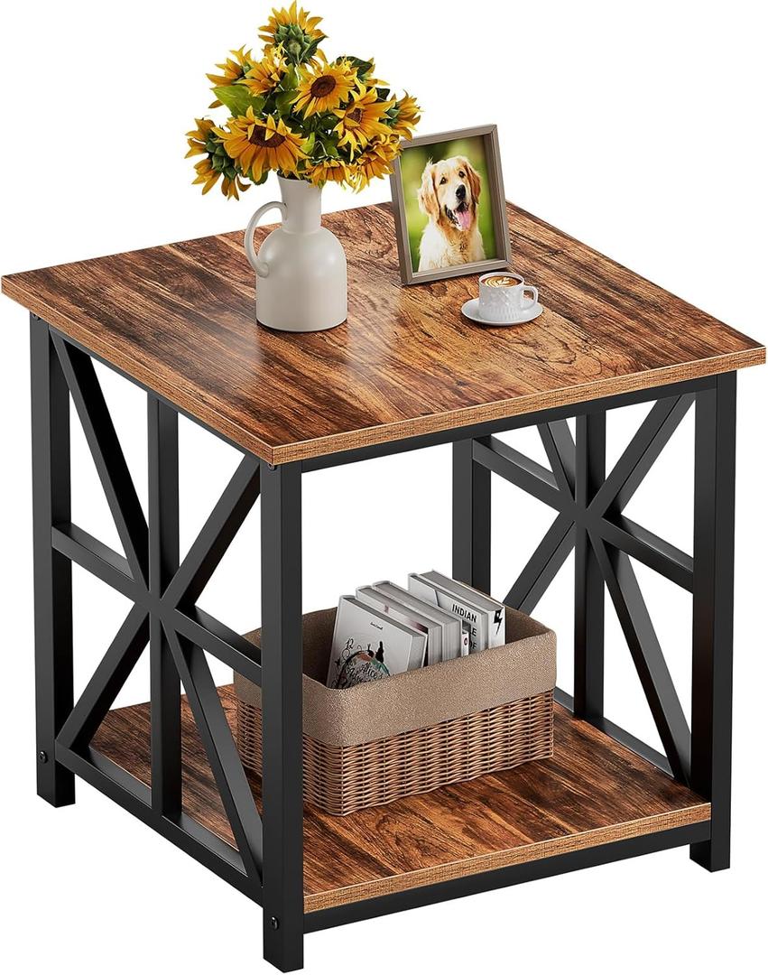 GreenForest End Table with 2-Tier Storage Shelf, 24 inch Large Side Table for Living Room, Modern Nightstand for Bedroom Bedside Office Farmhouse, Walnut