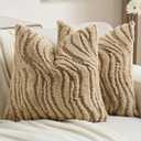 FUTEI Pack of 2 Solid Faux Fur Geometric Striped Throw Pillow Covers 20x20 Inch Soft Farmhouse Decorative Accent Cushion Cases Modern Home Decor for Couch Living Room, Khaki