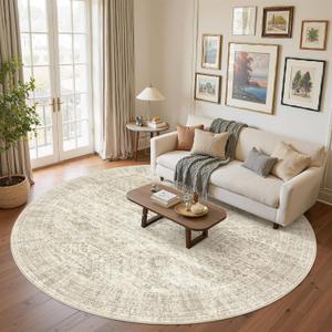 Soalmost 9x9 Beige Round Rug 9ft Living Room Circle Rug Vintage Round Area Rug Non Slip Indoor Carpet for Apartment