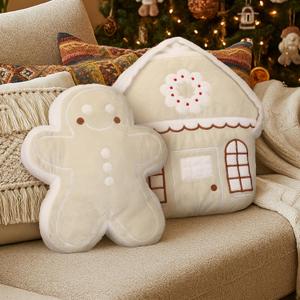 Kathfly 2 Pcs Christmas Gingerbread Man Gingerbread House Throw Pillows 13.8'' Plush Throw Pillow Decorations Neutral Christmas Cushion Gift for Sofa Bed Couch Home Office Winter Holiday Party Decor