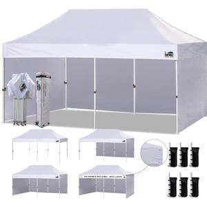 Eurmax USA 10'x20' Pop-up Canopy Tent Commercial Instant Canopies with 4 Removable Zipper End Side Walls and Roller Bag, Bonus 6 SandBags (White)