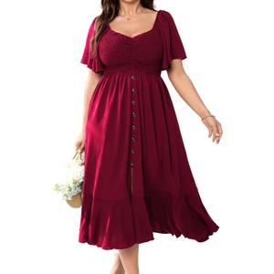 CICIDUDU Plus Size Casual Maxi Dresses for Curvy Women Short Sleeve Empire Waist Smocked Wedding Guest Dress Button Down (Green, XXL)