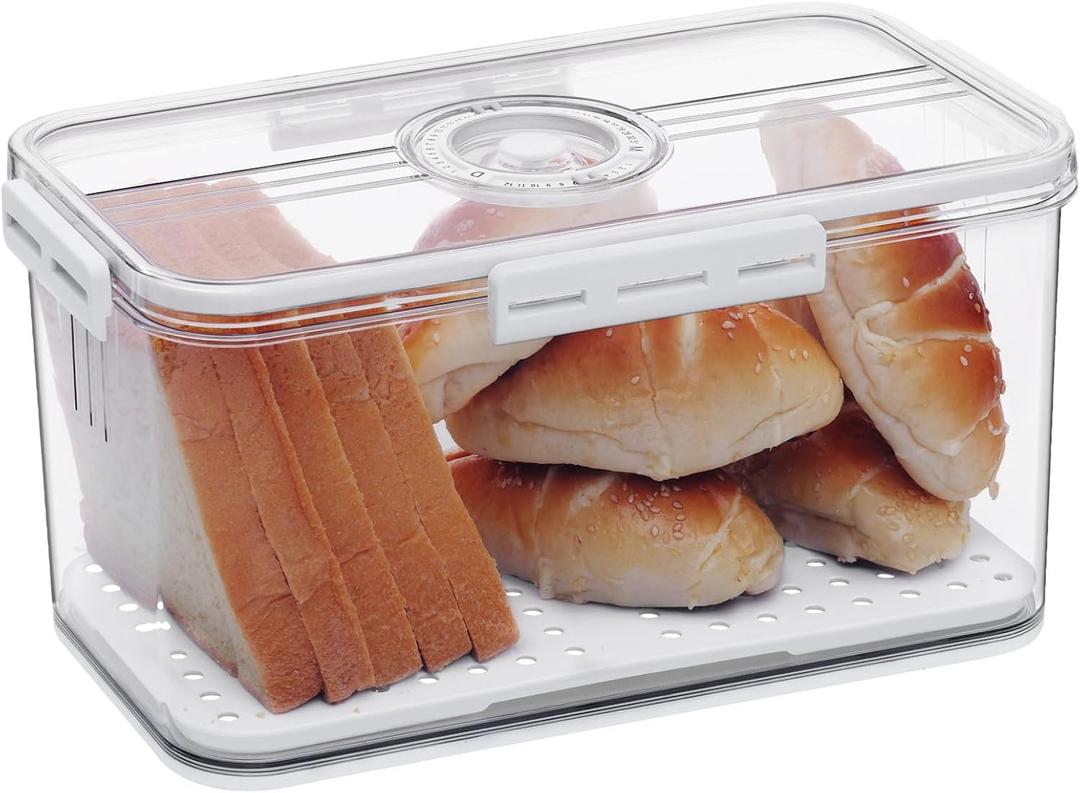Bread Box Bread Boxes for Kitchen Counter Airtight, Time Recording Bread Storage Container with Lid, Bread Keeper for Homemade Bread, Toast, Bagel, Donut and Cookies, White